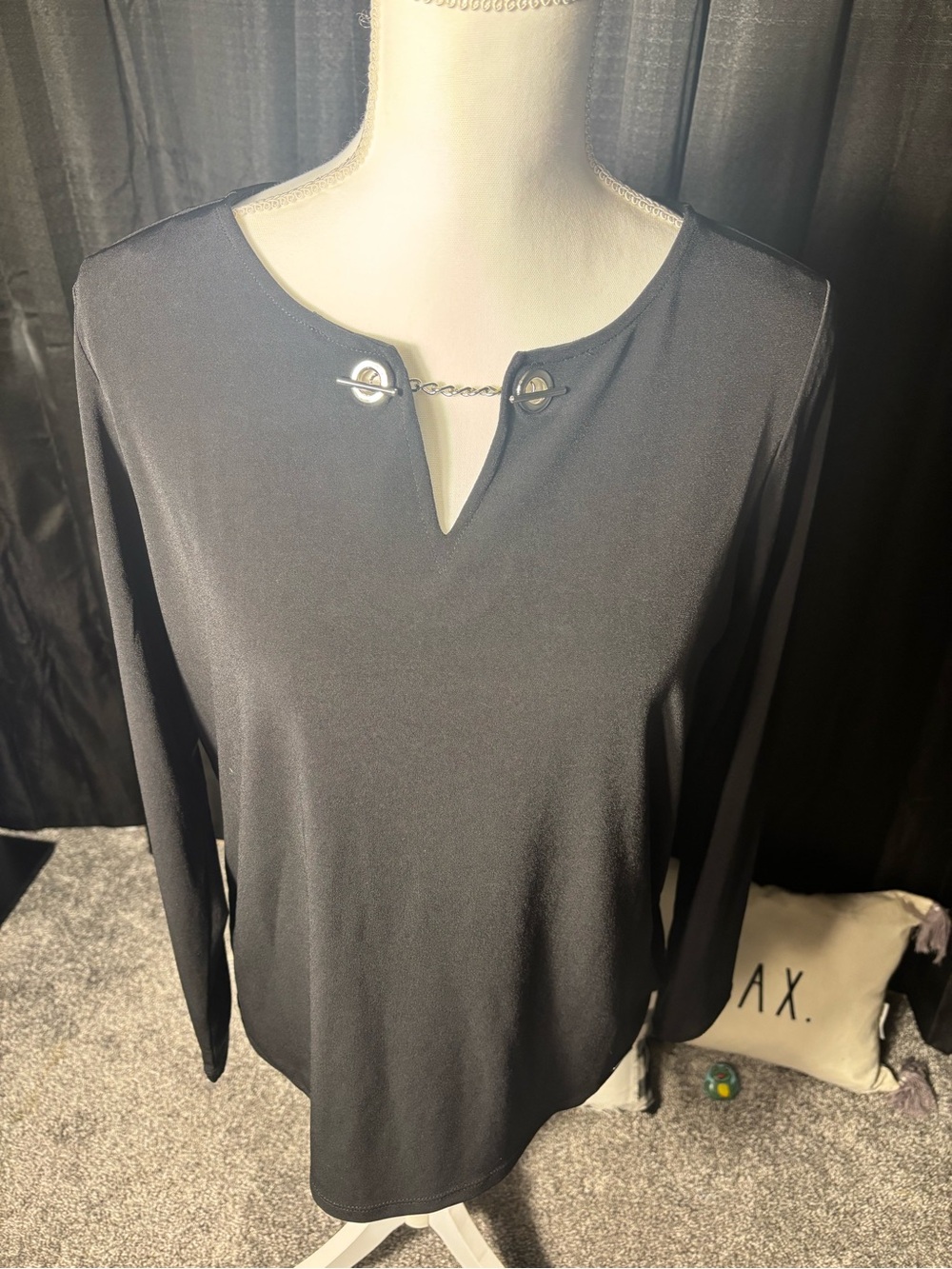 Tahari Black Long-Sleeve Top with Chain Accent